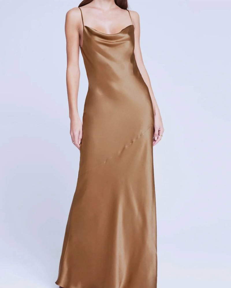 Front of a model wearing a size 10 Arianne Dress In Saddle in Saddle by L'Agence. | dia_product_style_image_id:344688